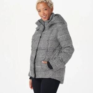 Lisa Rinna Collection Puffer Jacket Women Large Plaid Hooded Black White Outdoor